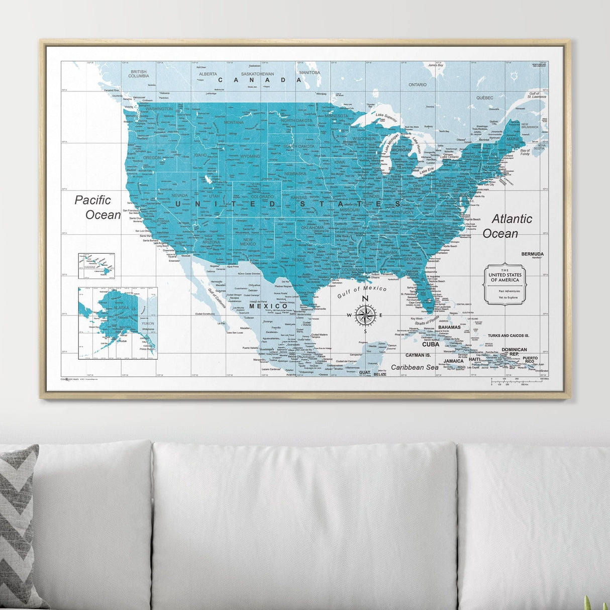 Push Pin USA Pin Board Map - Teal Color Splash - Pins Included!