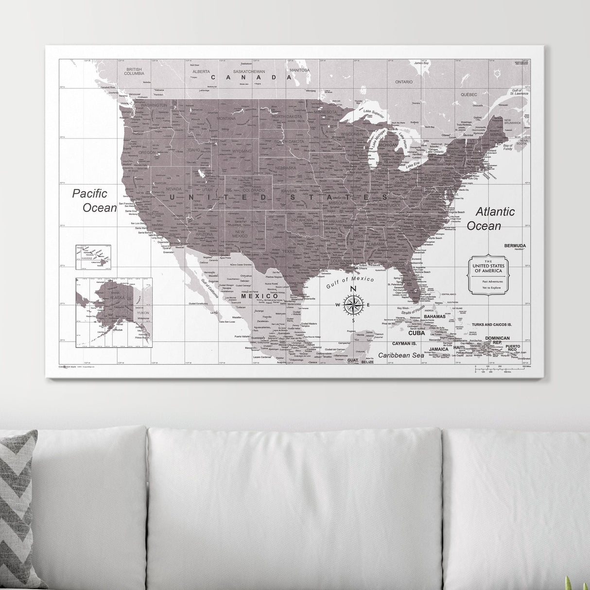 Push Pin USA Map Pin Board - Dark Brown Color Splash - Pins Included!