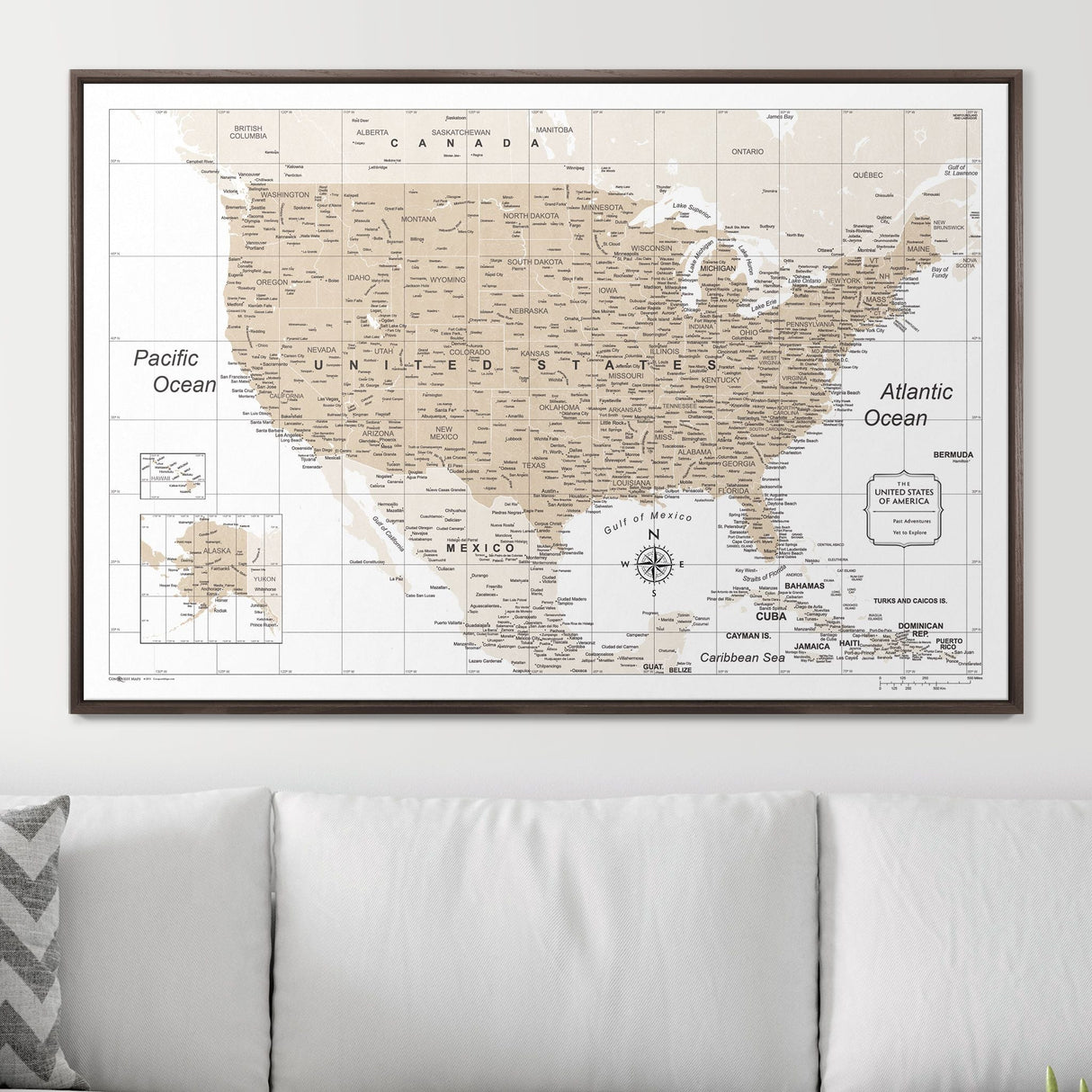 Push Pin USA Map Pin Board - Light Brown Color Splash - Pins Included!