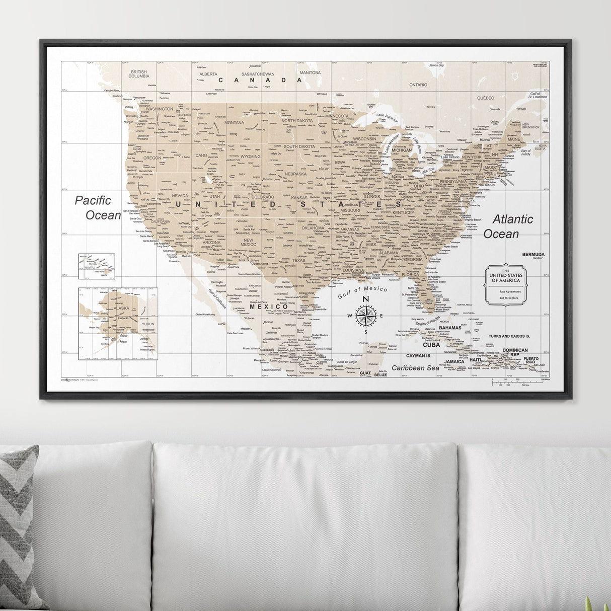 Push Pin USA Map Pin Board - Light Brown Color Splash - Pins Included!