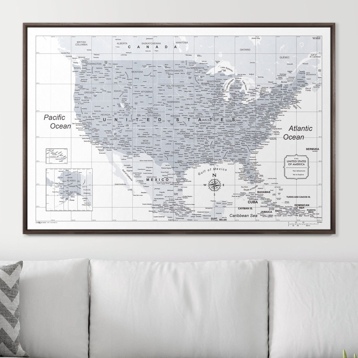 Push Pin USA Map Pin Board - Light Gray Color Splash- Pins Included!