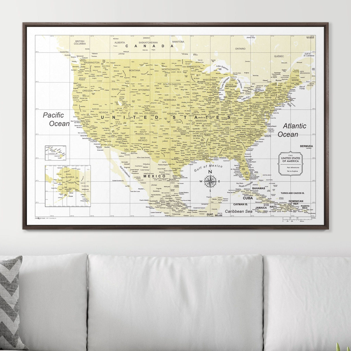 Push Pin USA Map Pin Board - Yellow Color Splash - Pins Included!