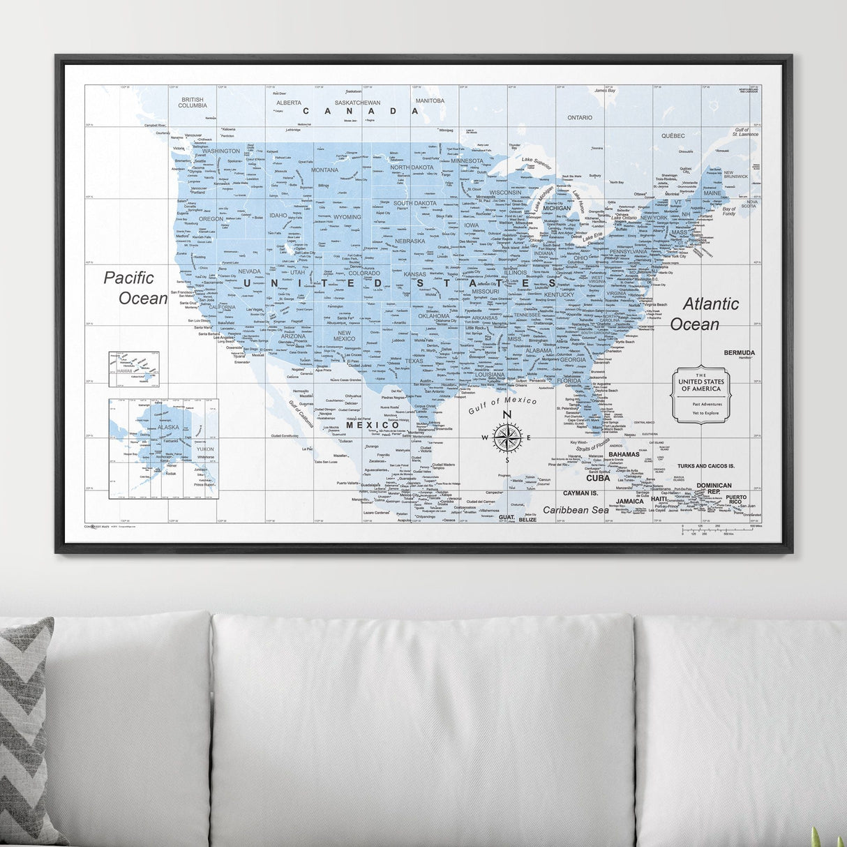 Push Pin USA Map Pin Board - Light Blue Color Splash - Pins Included!