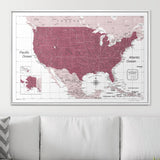 Push Pin USA Map Pin Board - Burgundy Color Splash - Pins Included!