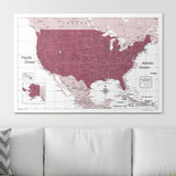 Push Pin USA Map Pin Board - Burgundy Color Splash - Pins Included!