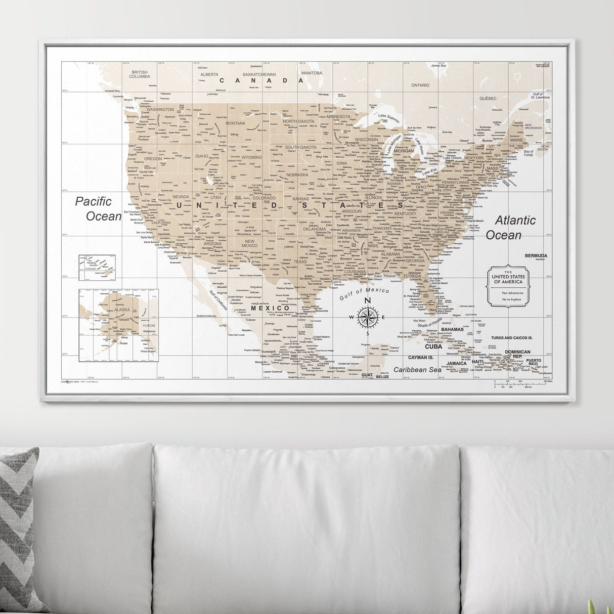 Push Pin USA Map Pin Board - Light Brown Color Splash - Pins Included!