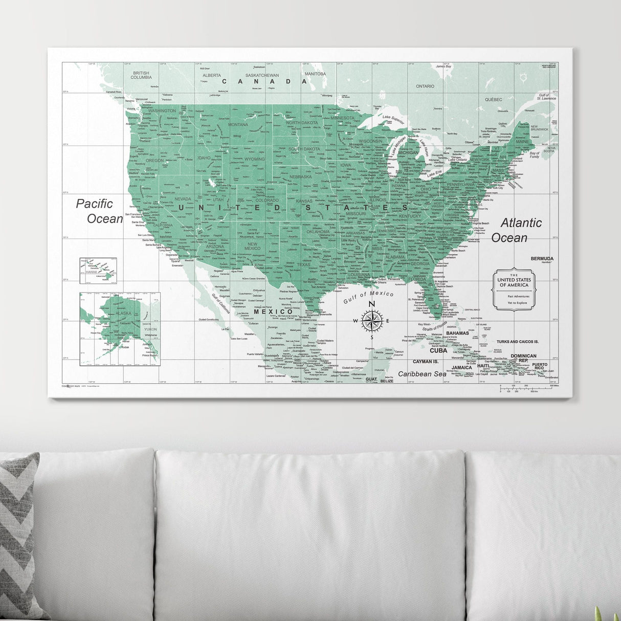 Push Pin USA Map Pin Board - Green Color Splash - Pins Included!