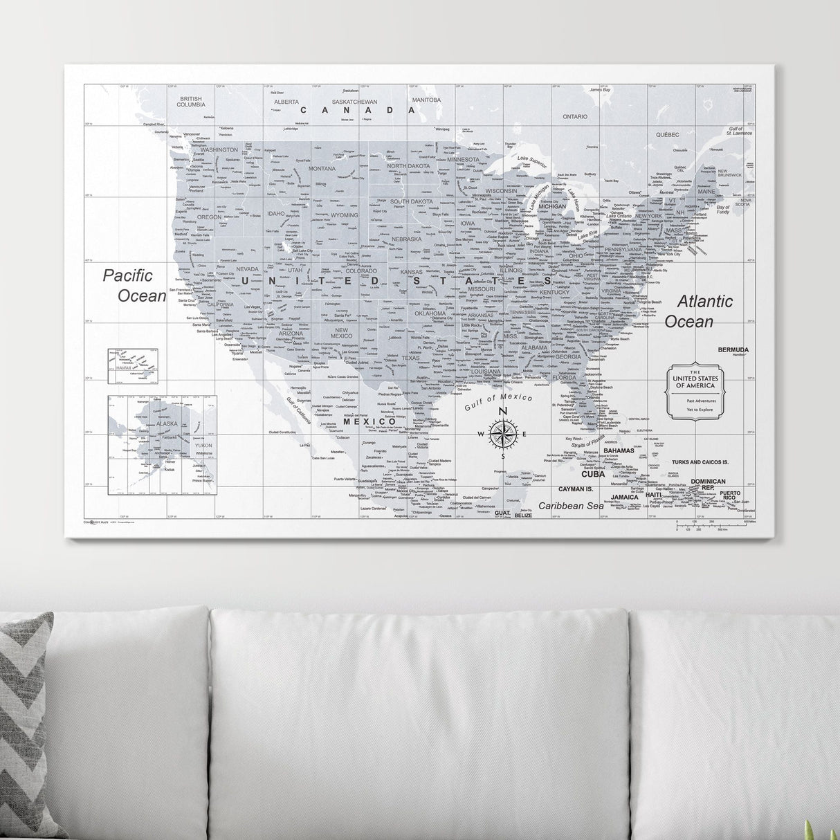 Push Pin USA Map Pin Board - Light Gray Color Splash- Pins Included!