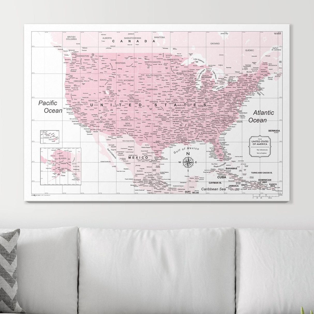 Push Pin USA Map Pin Board - Pink Color Splash - Pins Included!