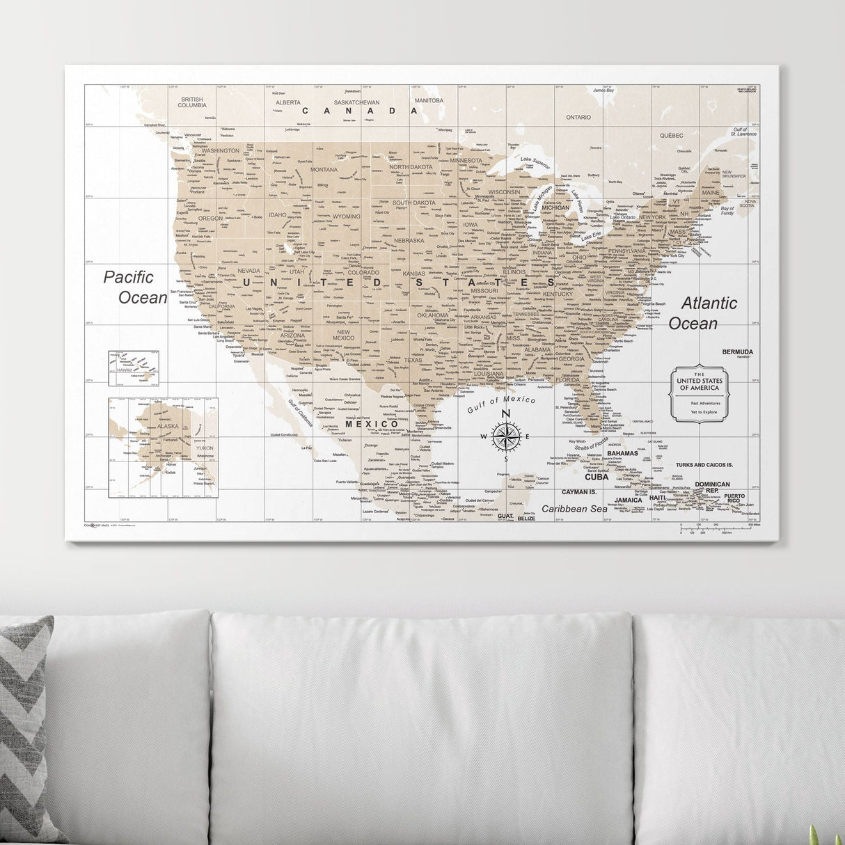 Push Pin USA Map Pin Board - Light Brown Color Splash - Pins Included!