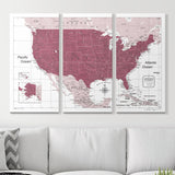 Push Pin USA Map Pin Board - Burgundy Color Splash - Pins Included!