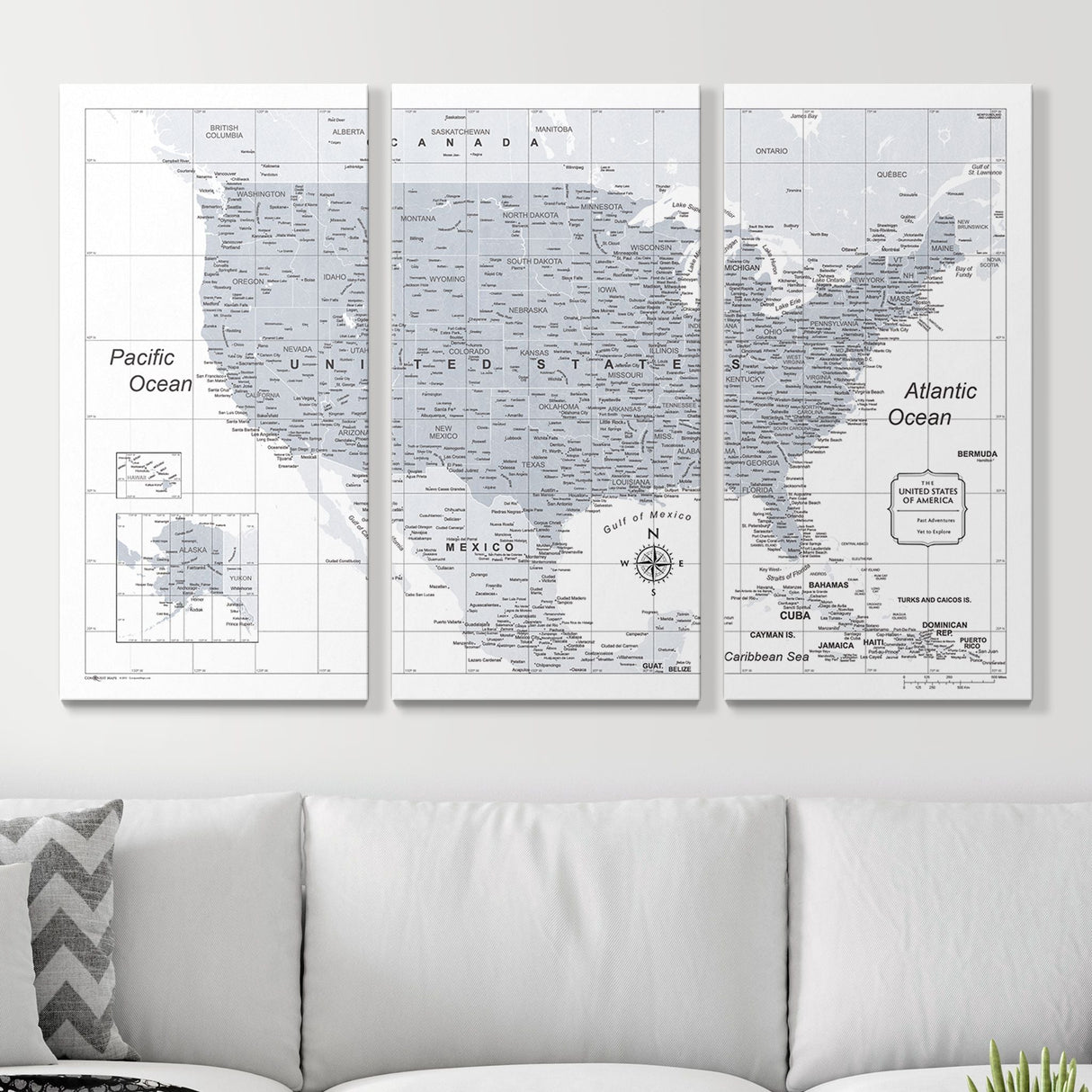 Push Pin USA Map Pin Board - Light Gray Color Splash- Pins Included!