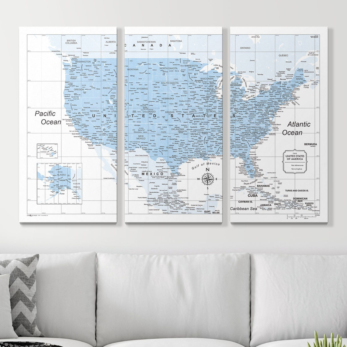 Push Pin USA Map Pin Board - Light Blue Color Splash - Pins Included!