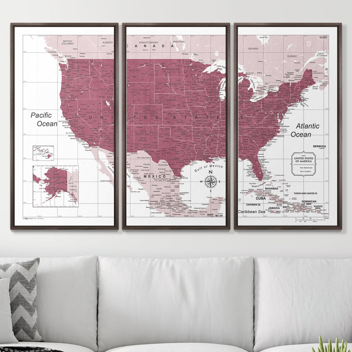 Push Pin USA Map Pin Board - Burgundy Color Splash - Pins Included!