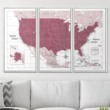 Push Pin USA Map Pin Board - Burgundy Color Splash - Pins Included!