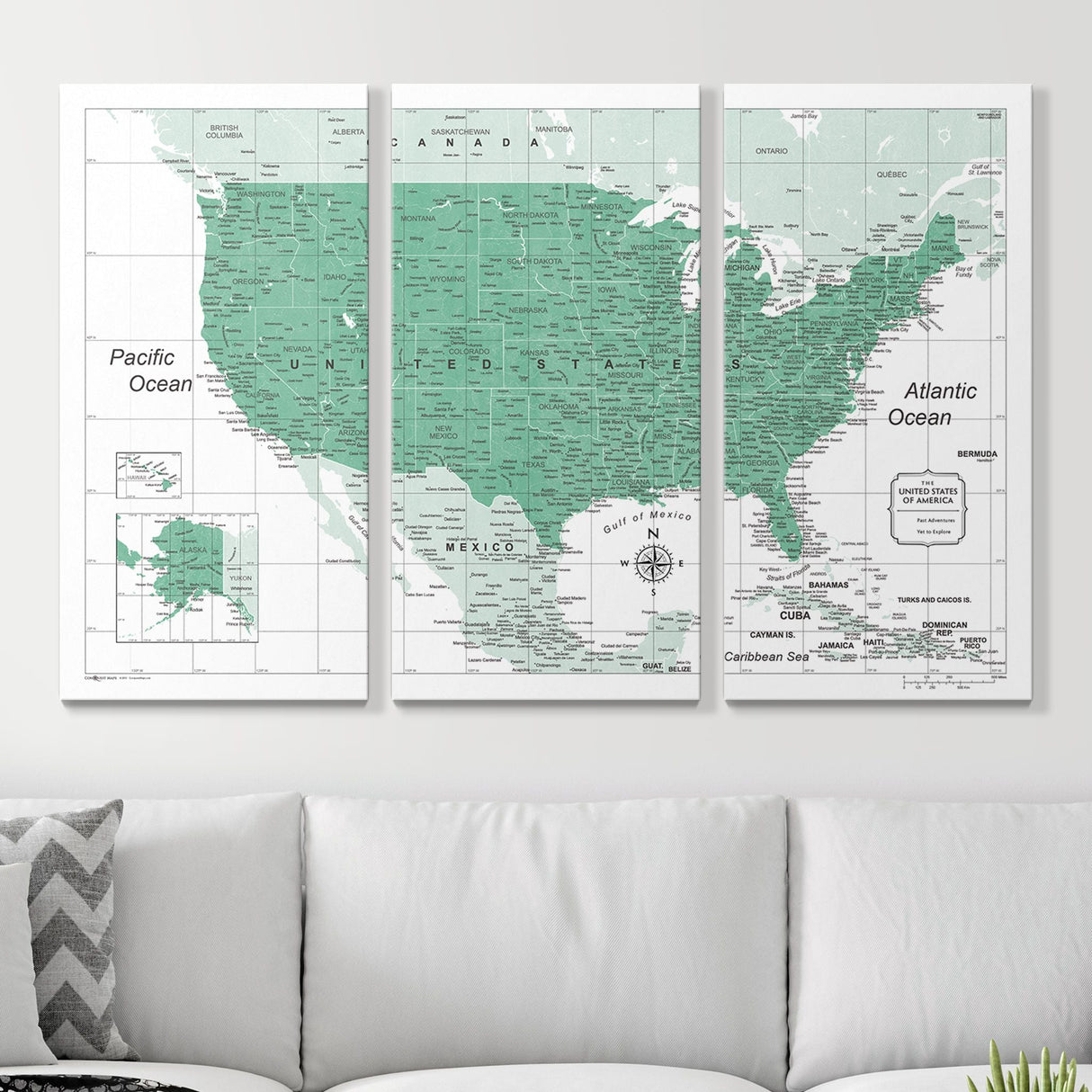 Push Pin USA Map Pin Board - Green Color Splash - Pins Included!