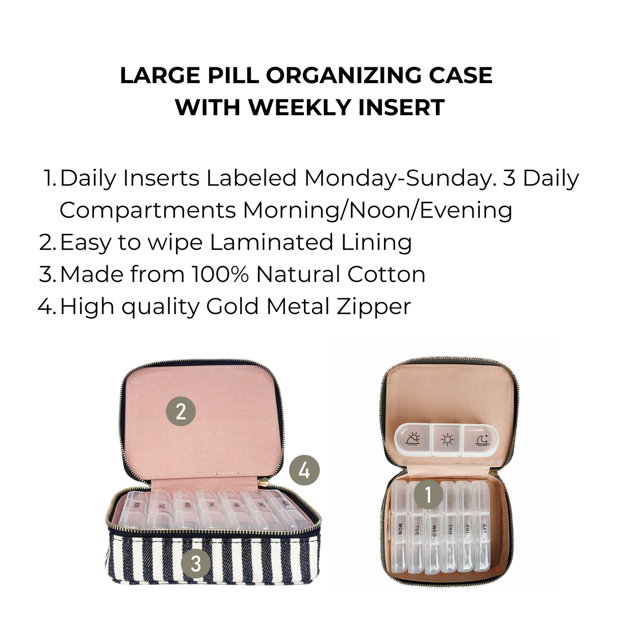 Large Pill Travel Case with Individual Daily Pill Organizer, Striped