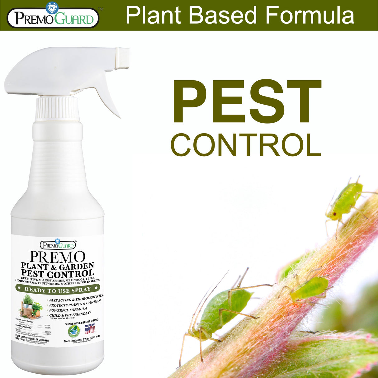 Plant and Garden Pest Control Spray - 32 oz - Plant Based All All Natural Non-Toxic - By Premo Guard