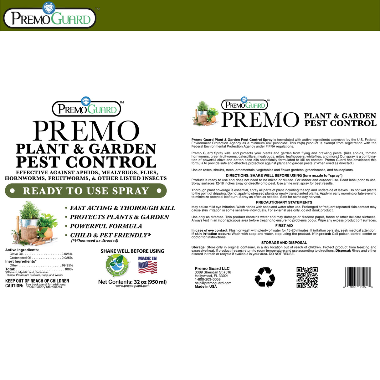 Plant and Garden Pest Control Spray - 32 oz - Plant Based All All Natural Non-Toxic - By Premo Guard