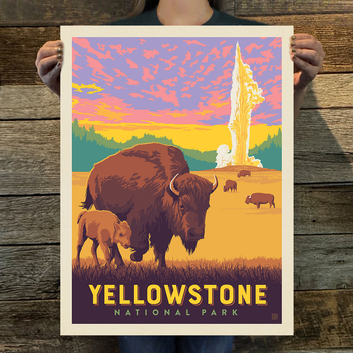 Yellowstone National Park: Old Faithful Bisons (63 National Parks) Art Print