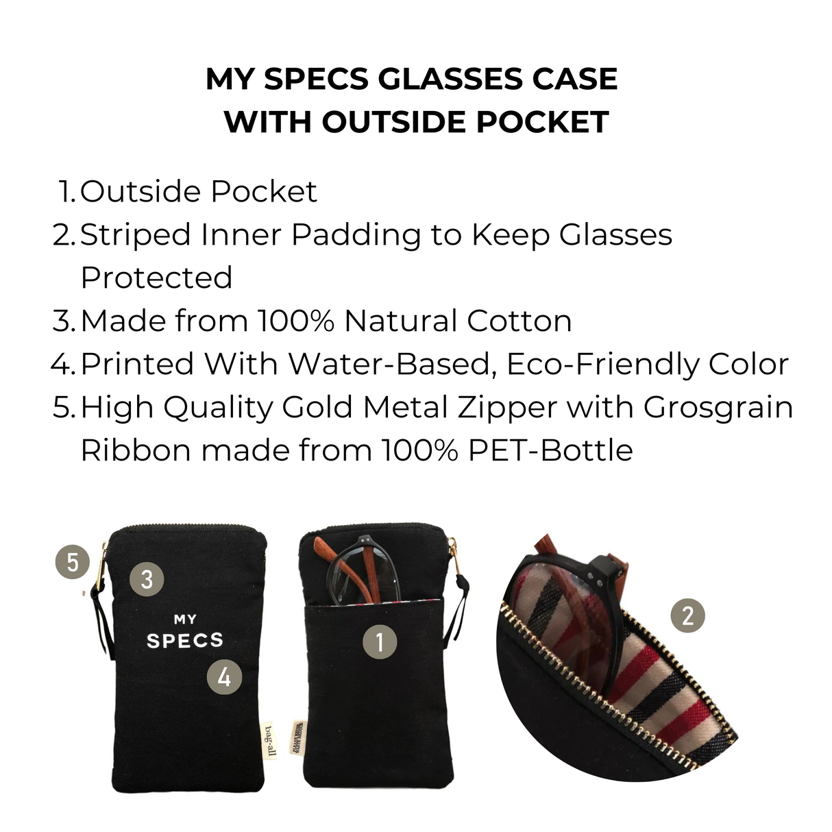 My Specs Glasses Case with Outside Pocket, Black