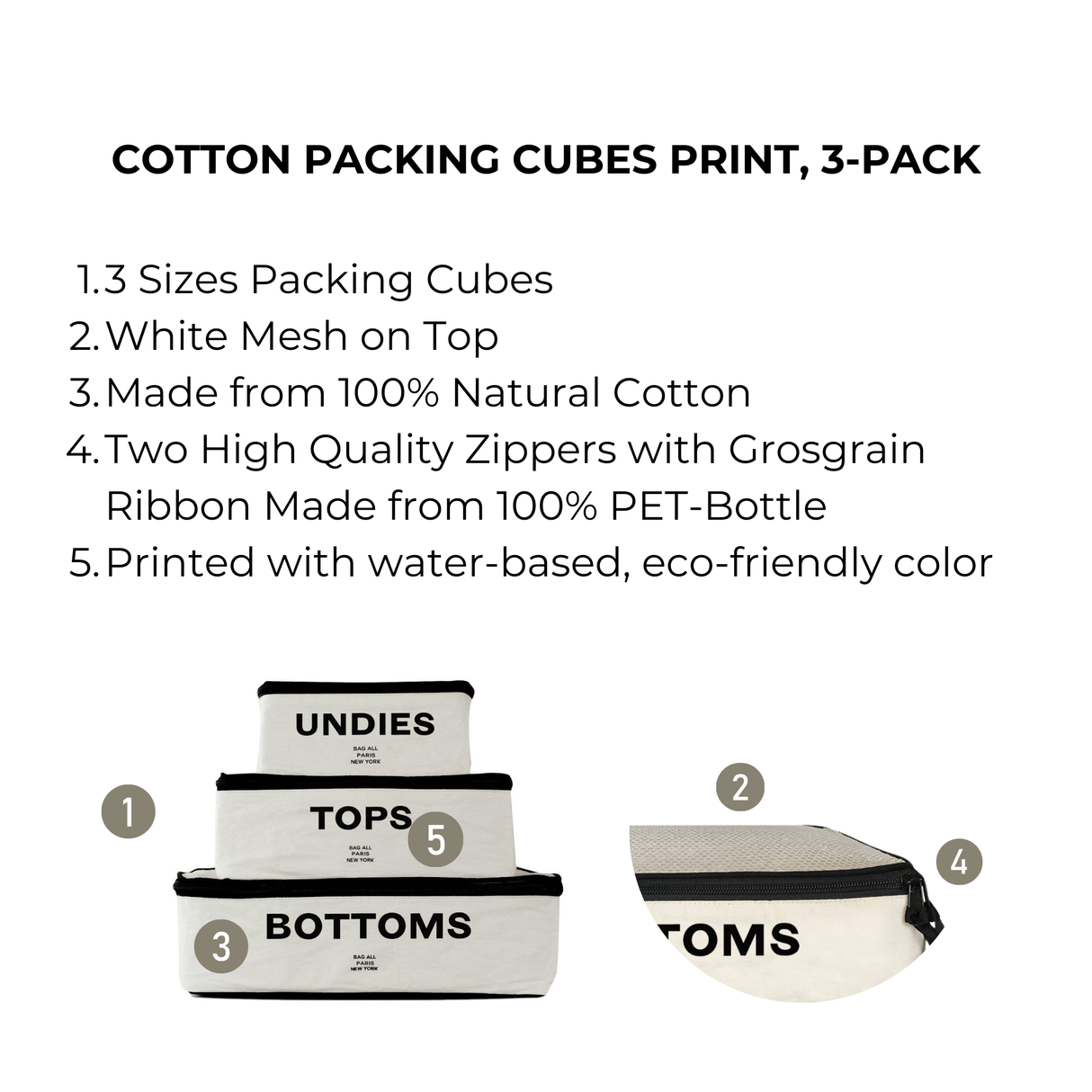 Cotton Packing Cubes, Print, 3-pack Cream