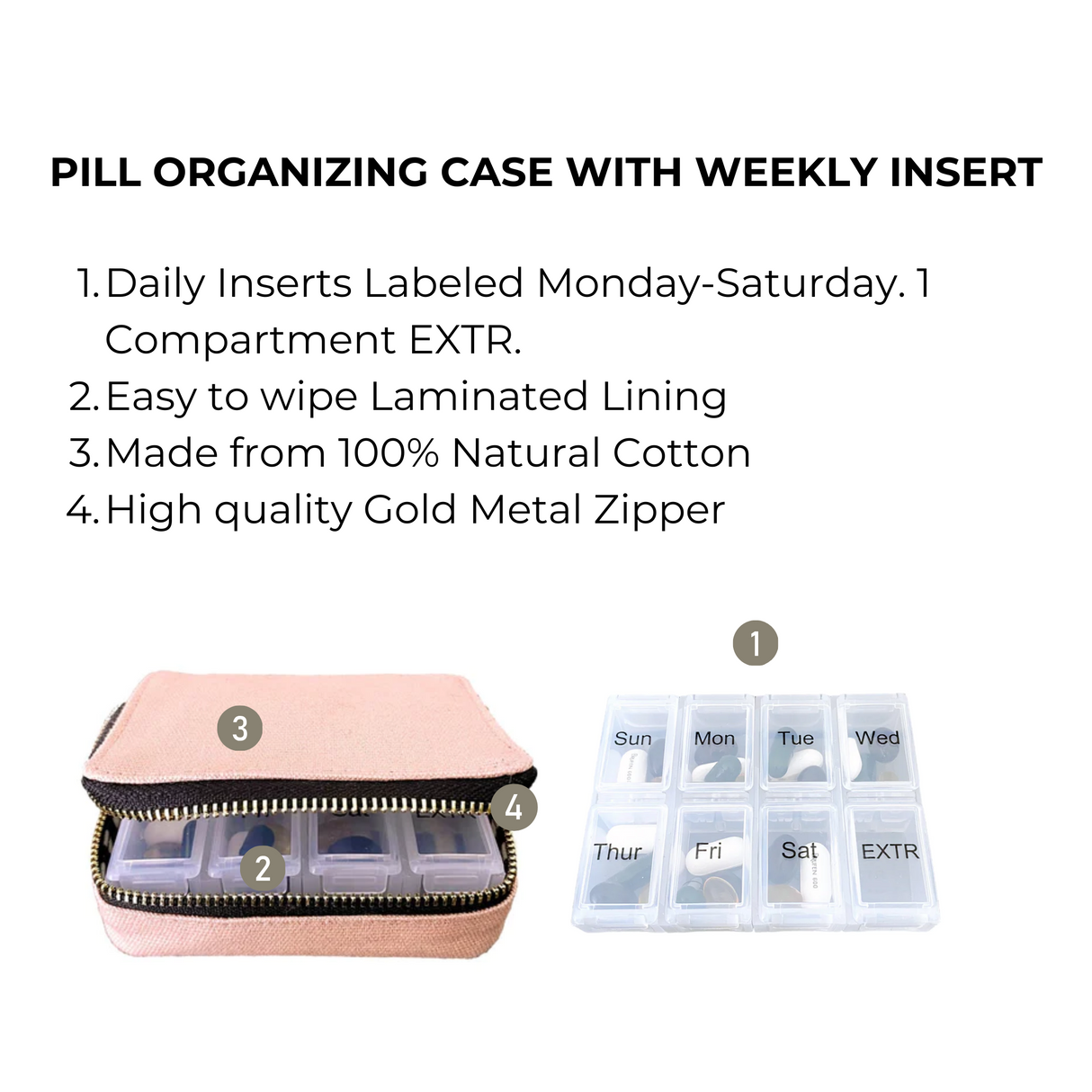 Pill Organizing Case with Weekly Pill Organizer, Pink/Blush