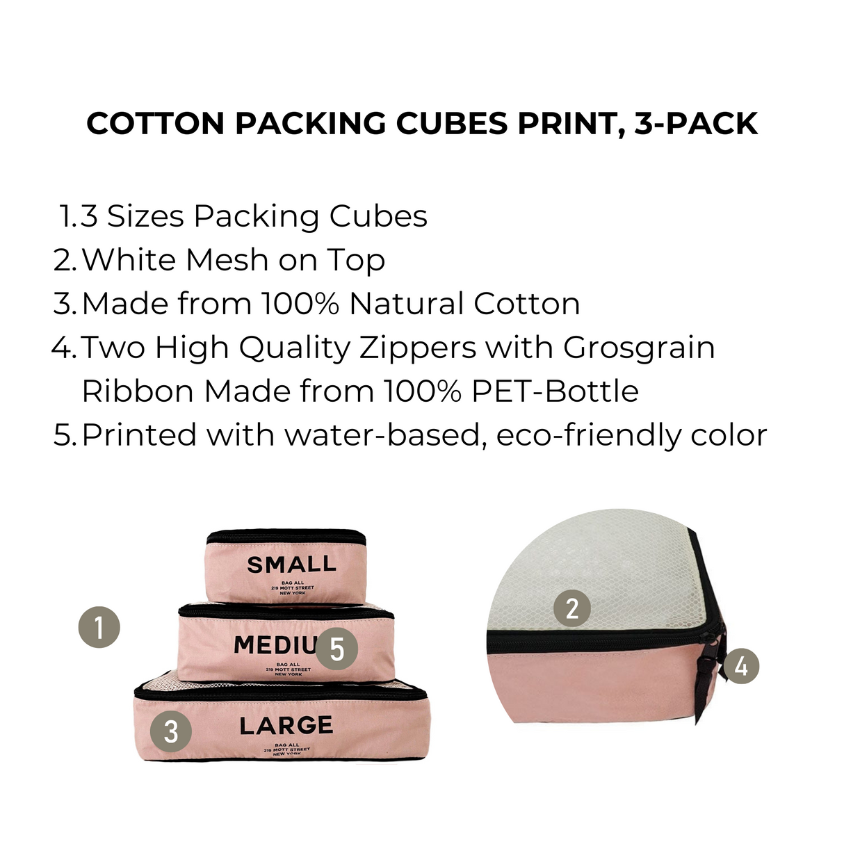 Cotton Packing Cubes, Print, 3-pack Pink/Blush