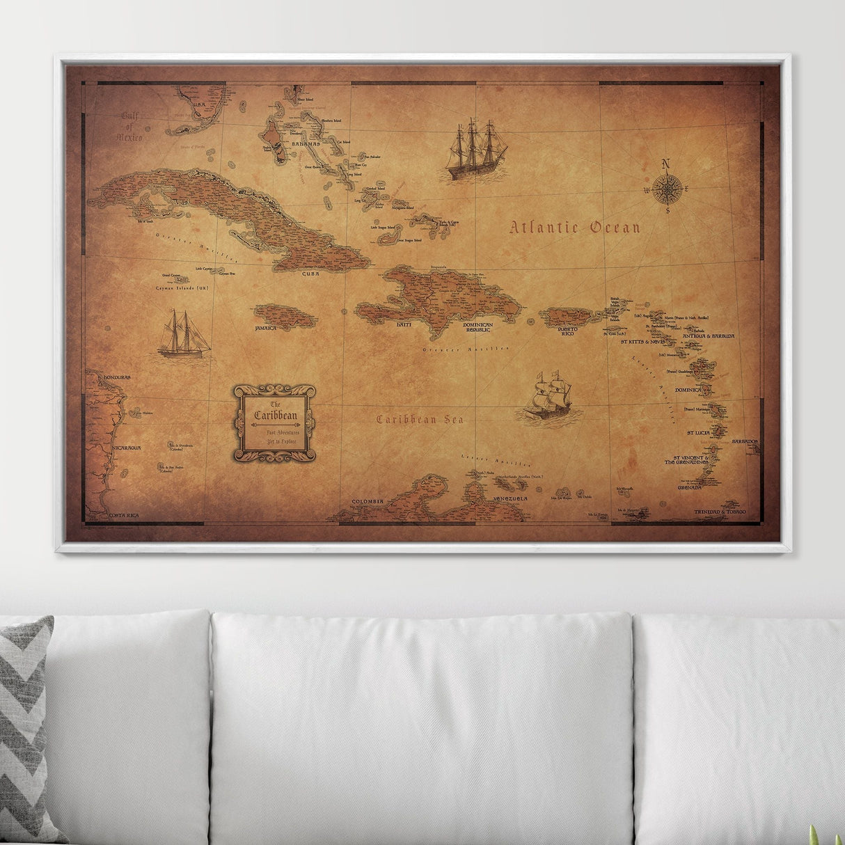 Push Pin Caribbean Map - Golden Aged - Pins Included!