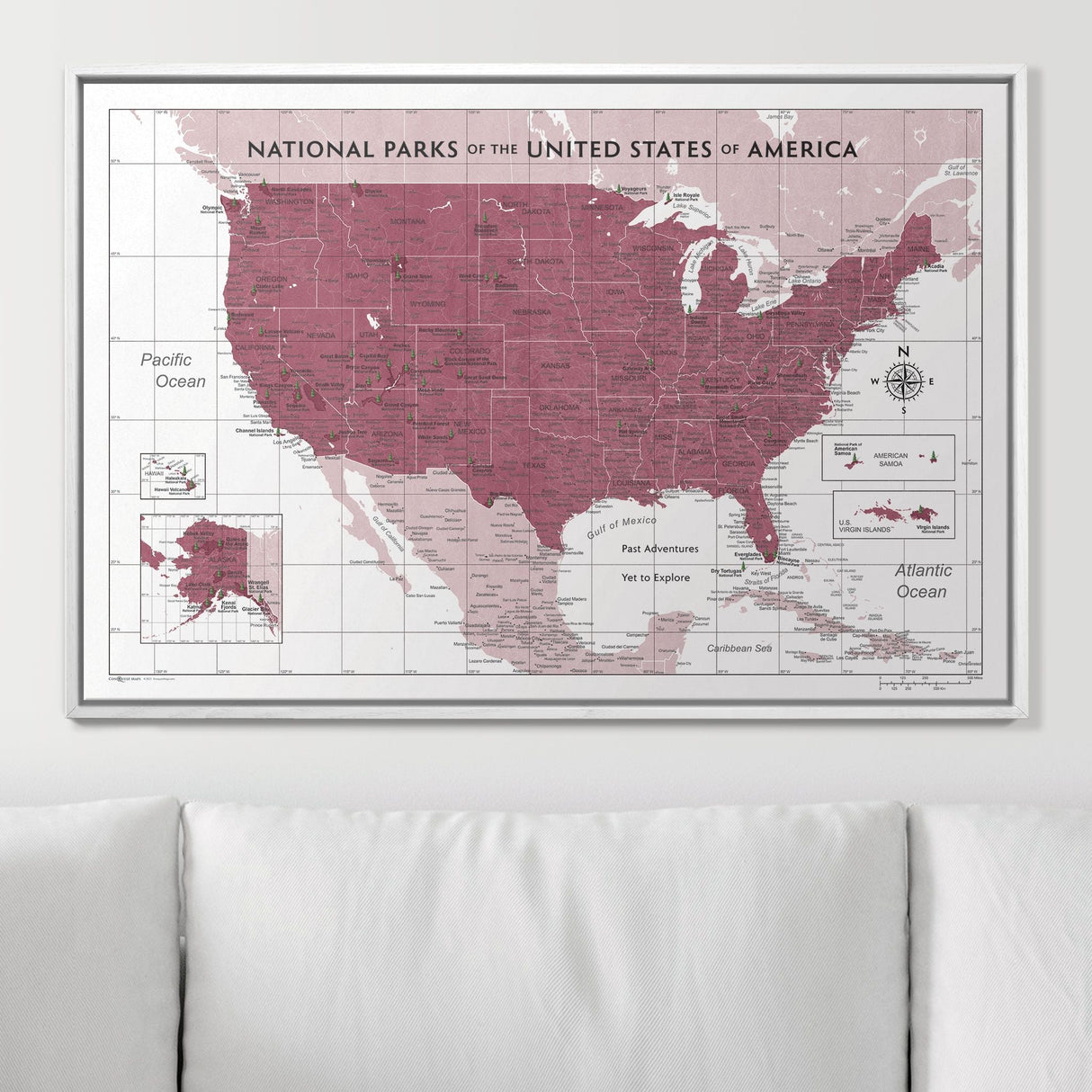 Push Pin National Parks Map - Burgundy Color Splash - Pins Included!