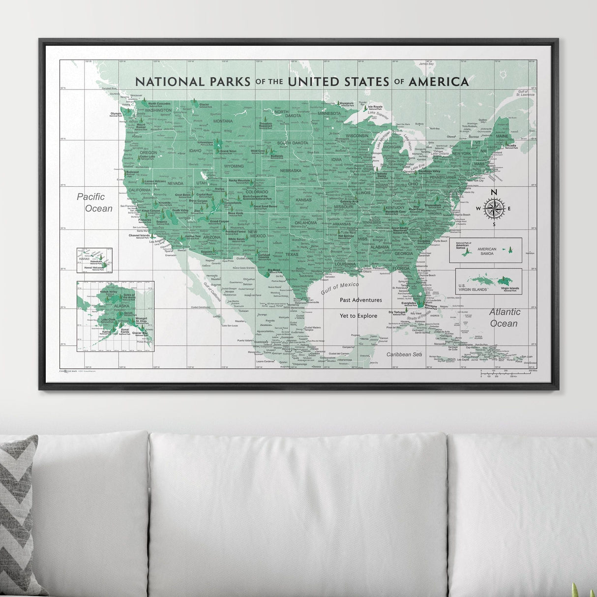 Push Pin National Parks Map - Green Color Splash - Pins Included!