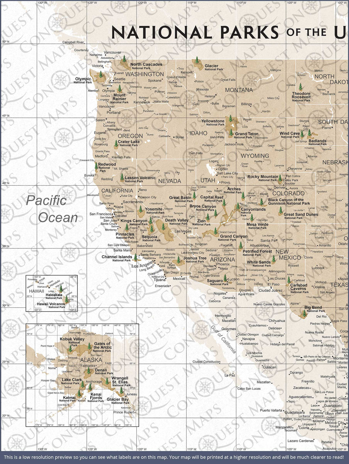 Push Pin National Parks Map - Light Brown Color Splash - Pins Included!