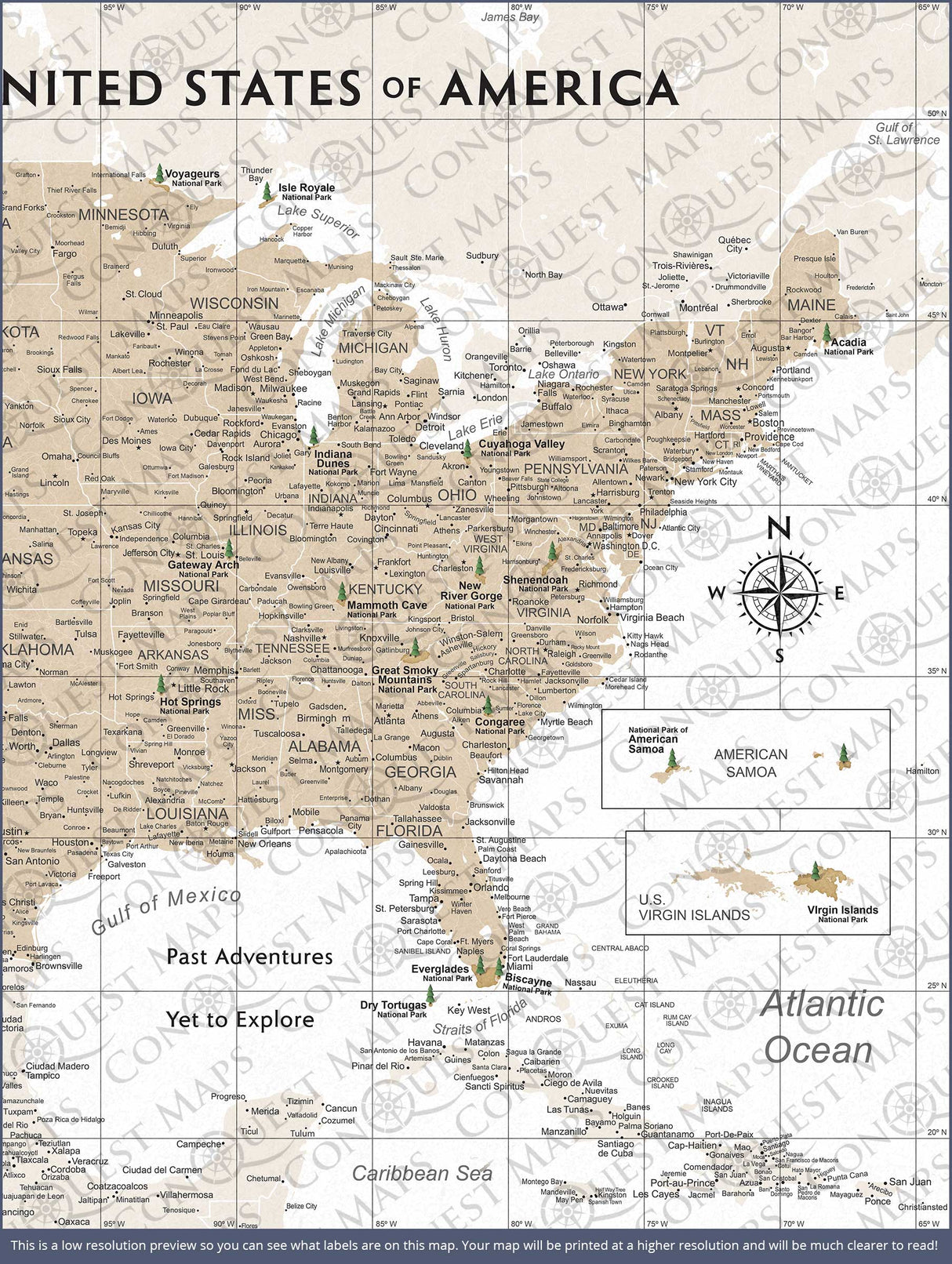 Push Pin National Parks Map - Light Brown Color Splash - Pins Included!