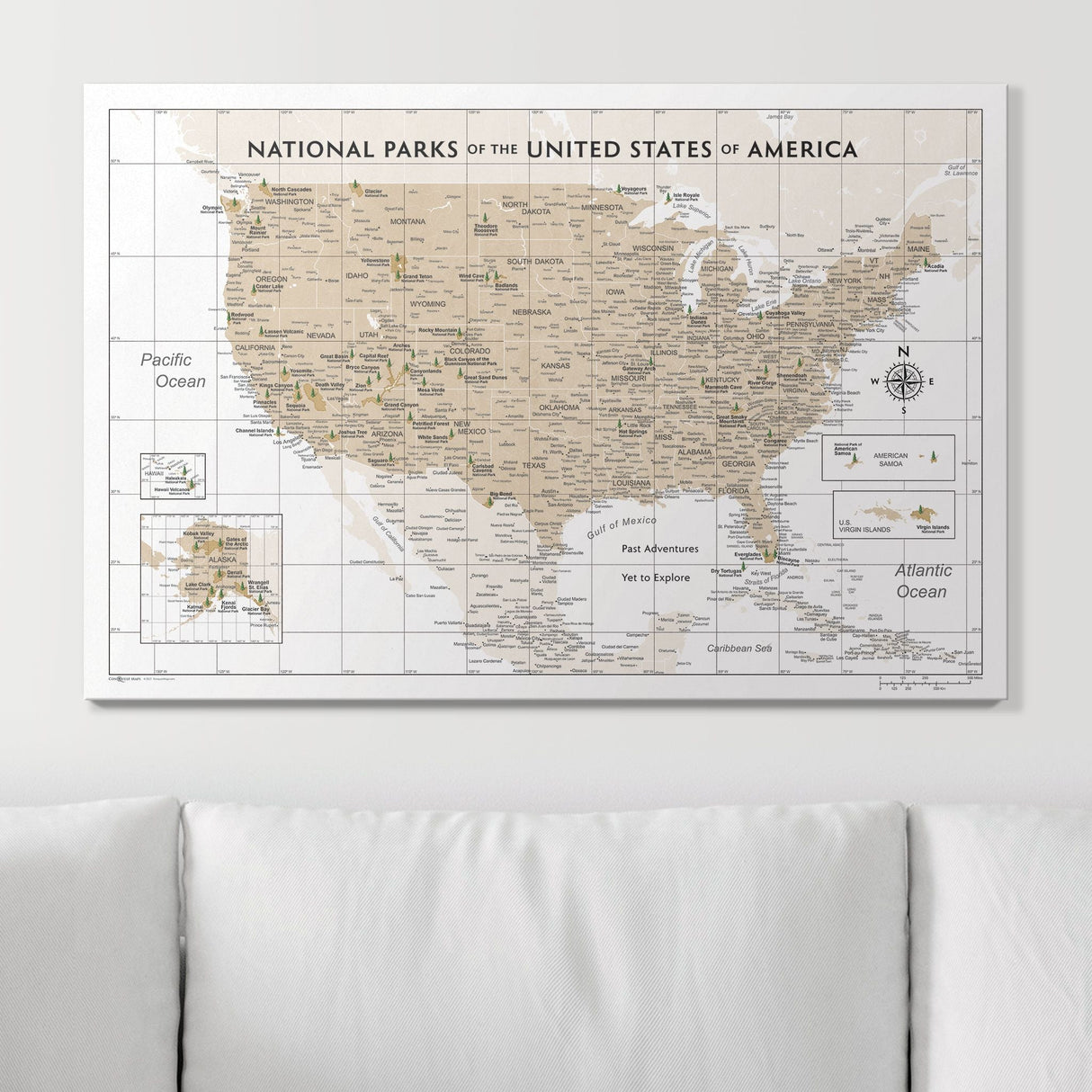 Push Pin National Parks Map - Light Brown Color Splash - Pins Included!