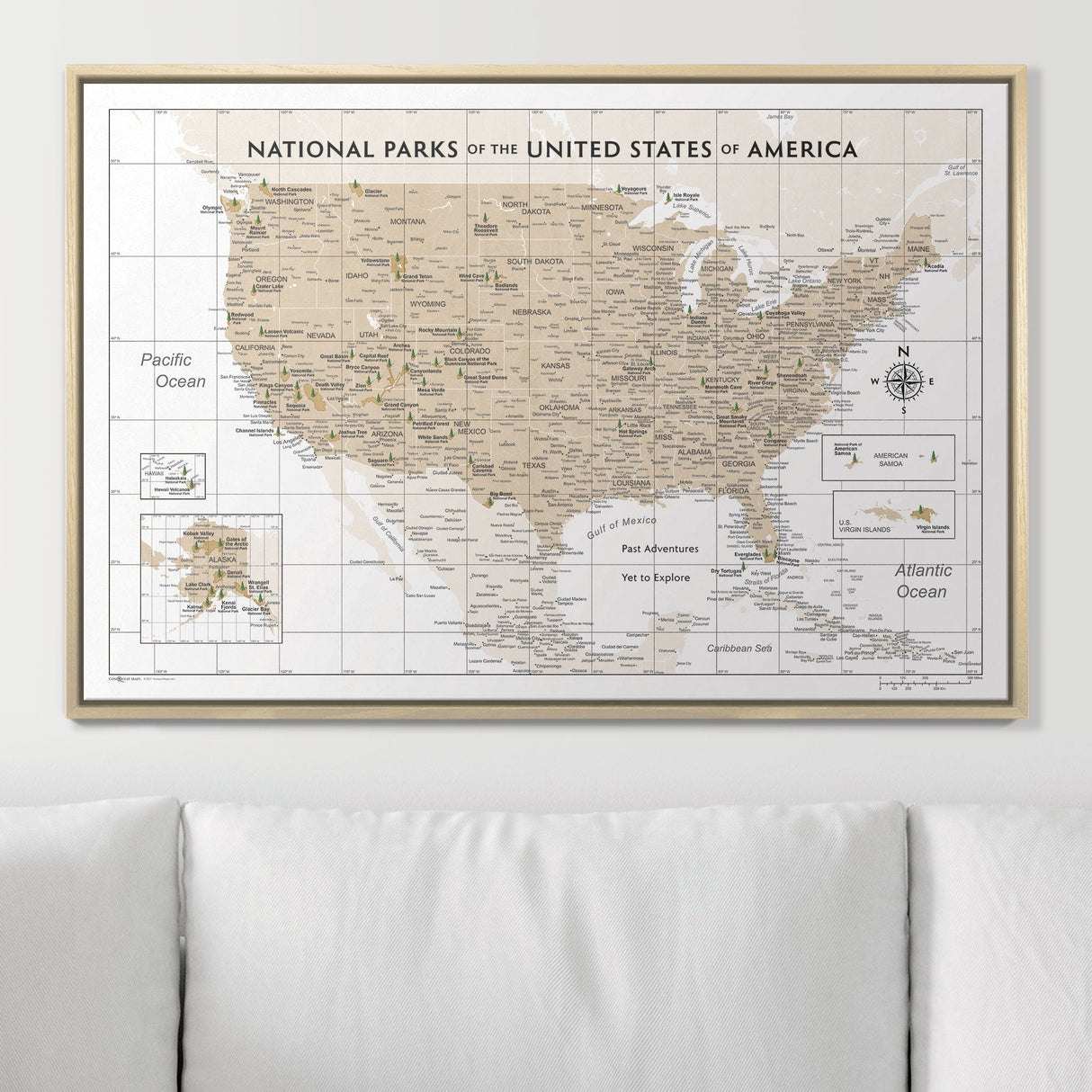 Push Pin National Parks Map - Light Brown Color Splash - Pins Included!