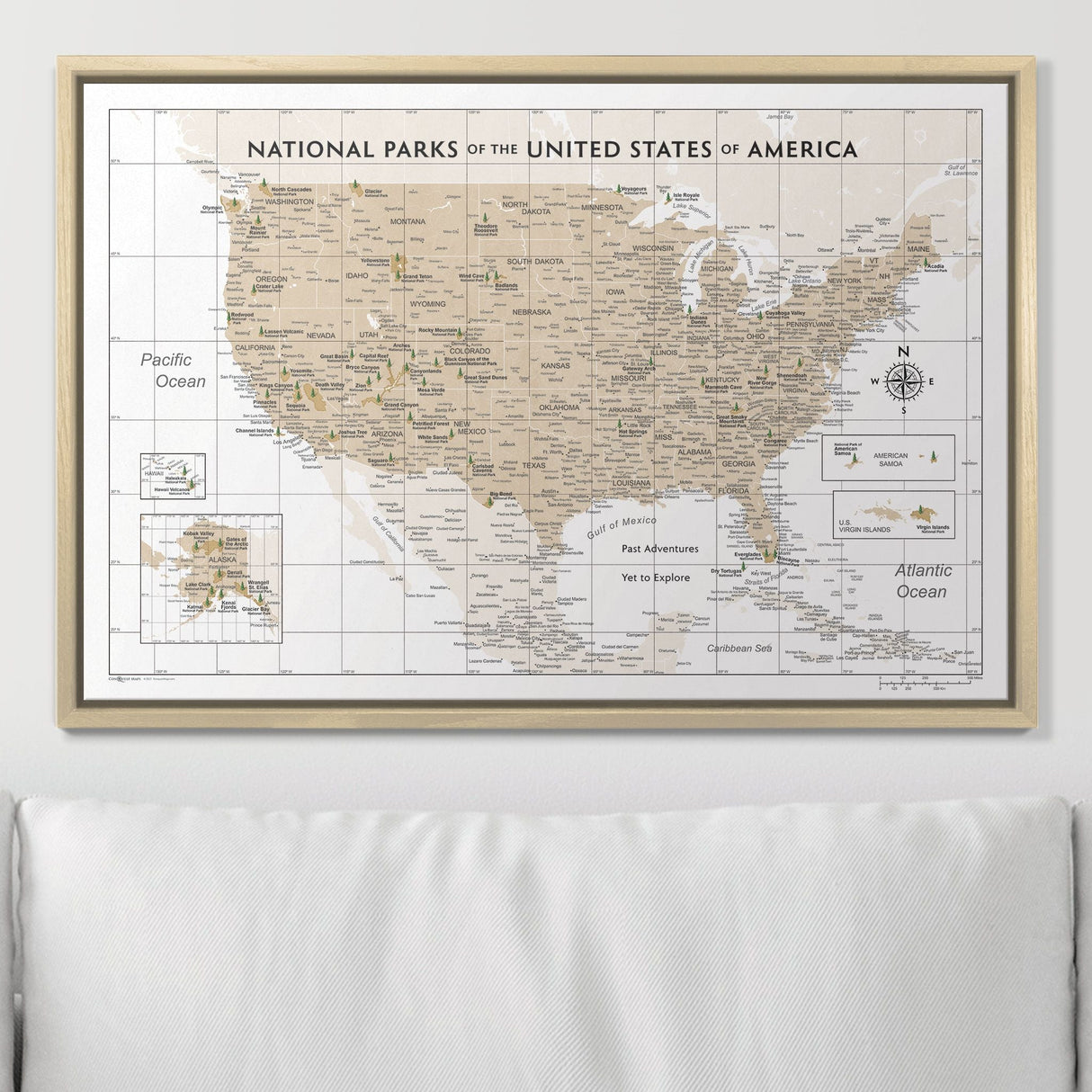Push Pin National Parks Map - Light Brown Color Splash - Pins Included!