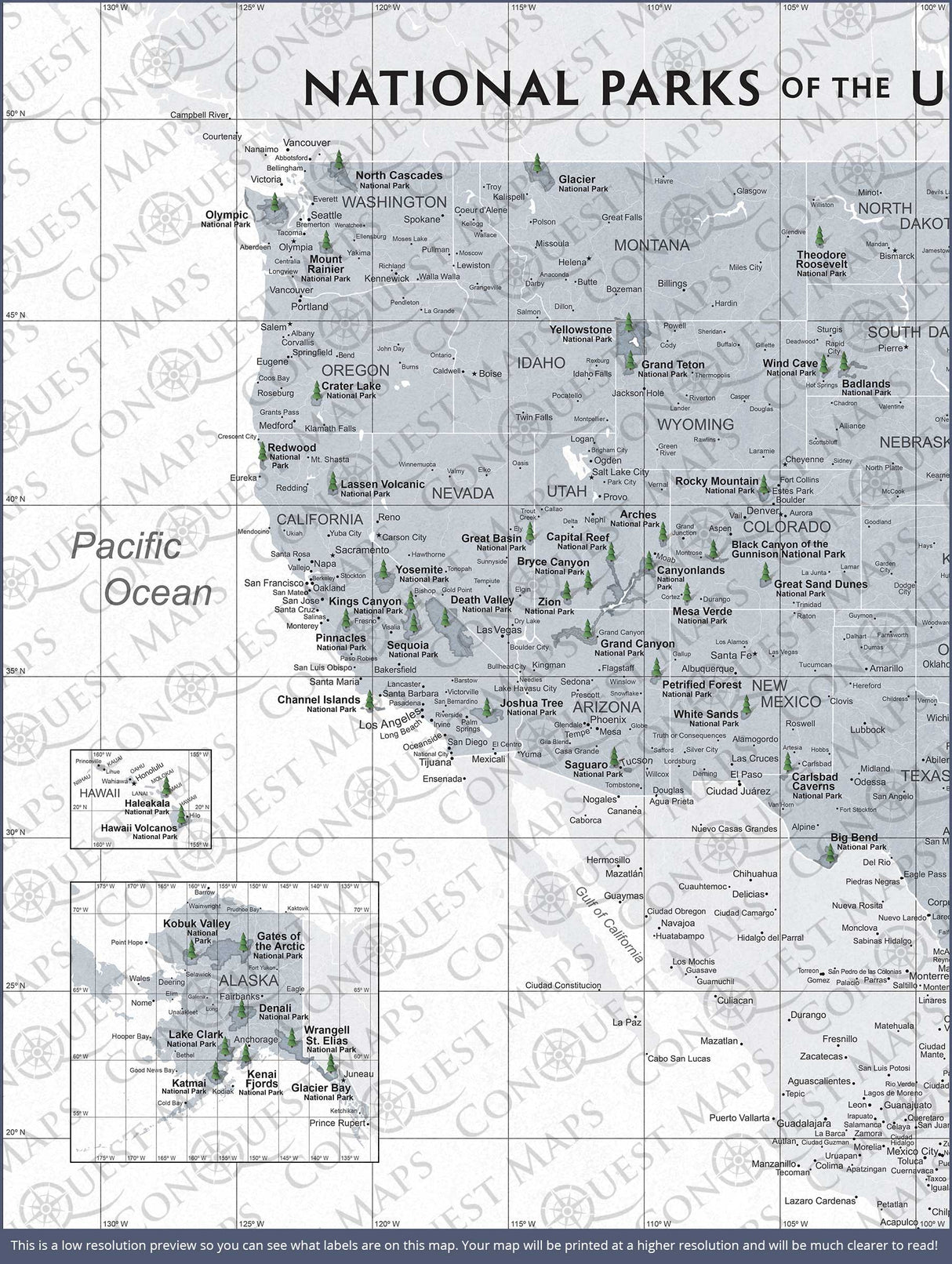 Push Pin National Parks Map - Light Gray Color Splash - Pins Included!