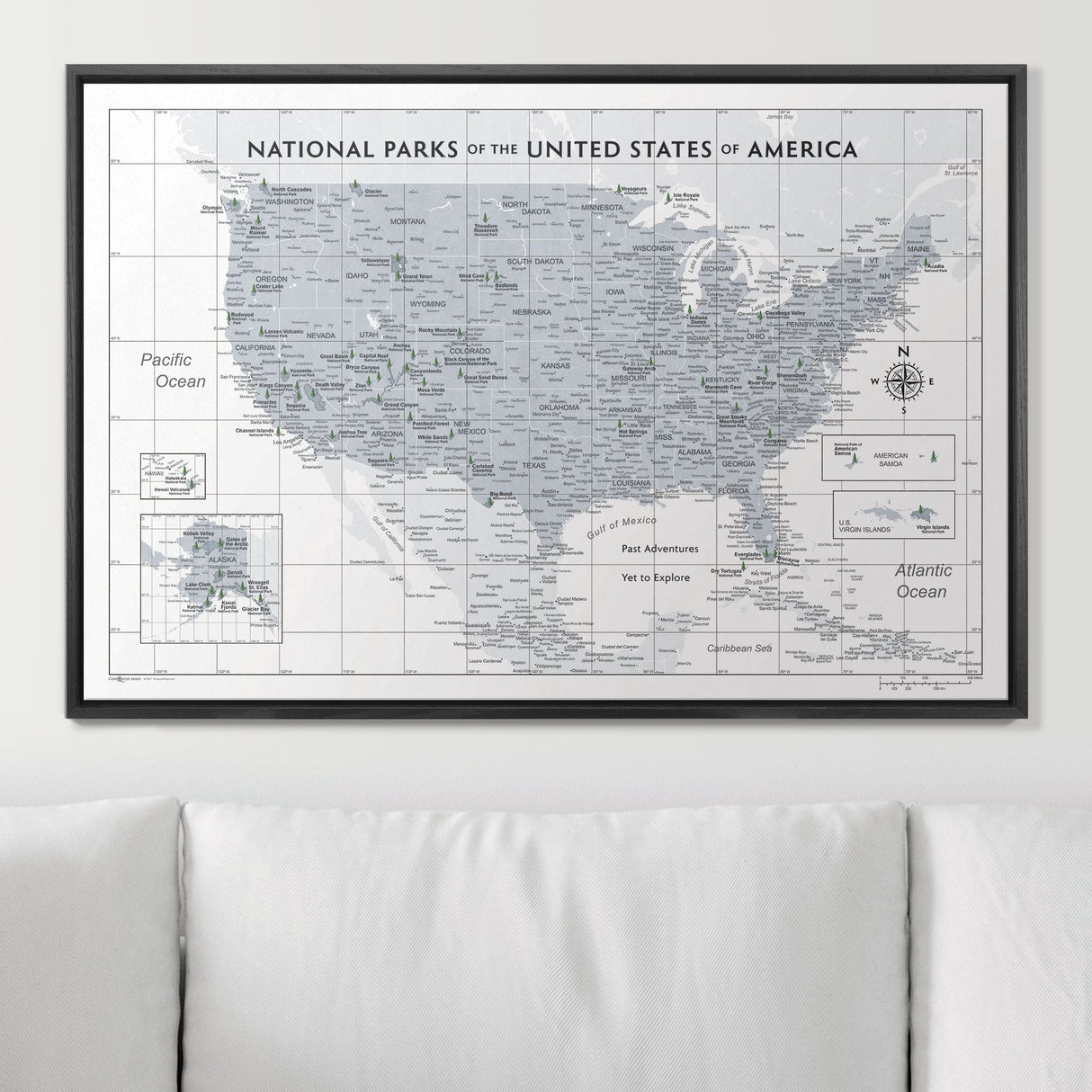 Push Pin National Parks Map - Light Gray Color Splash - Pins Included!