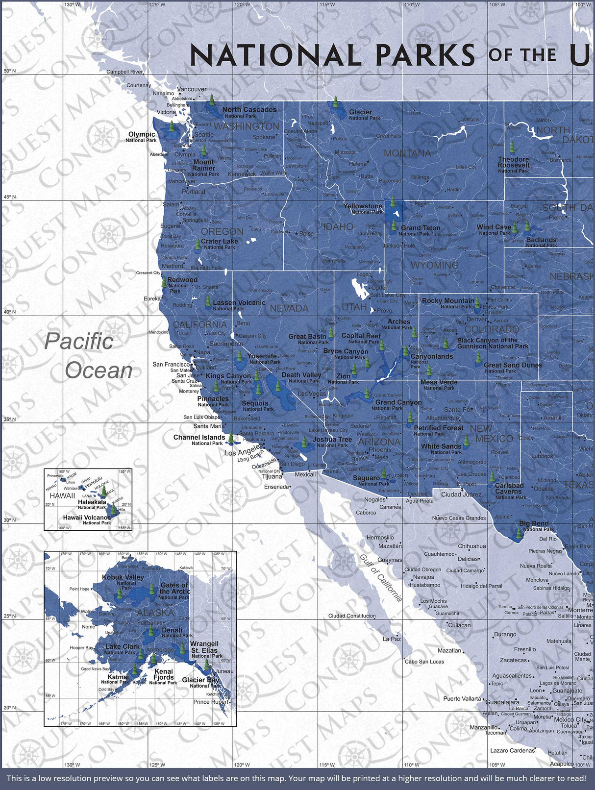 Push Pin National Parks Map - Navy Color Splash - Pins Included!