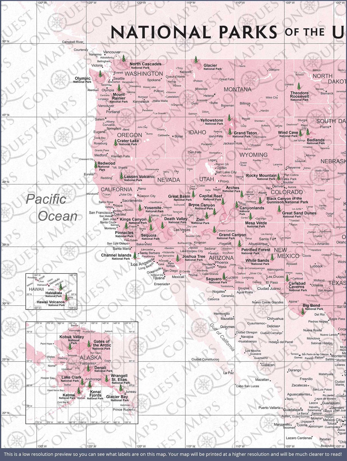 Push Pin National Parks Map - Pink Color Splash - Pins Included!