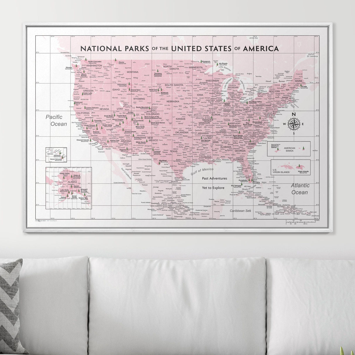 Push Pin National Parks Map - Pink Color Splash - Pins Included!