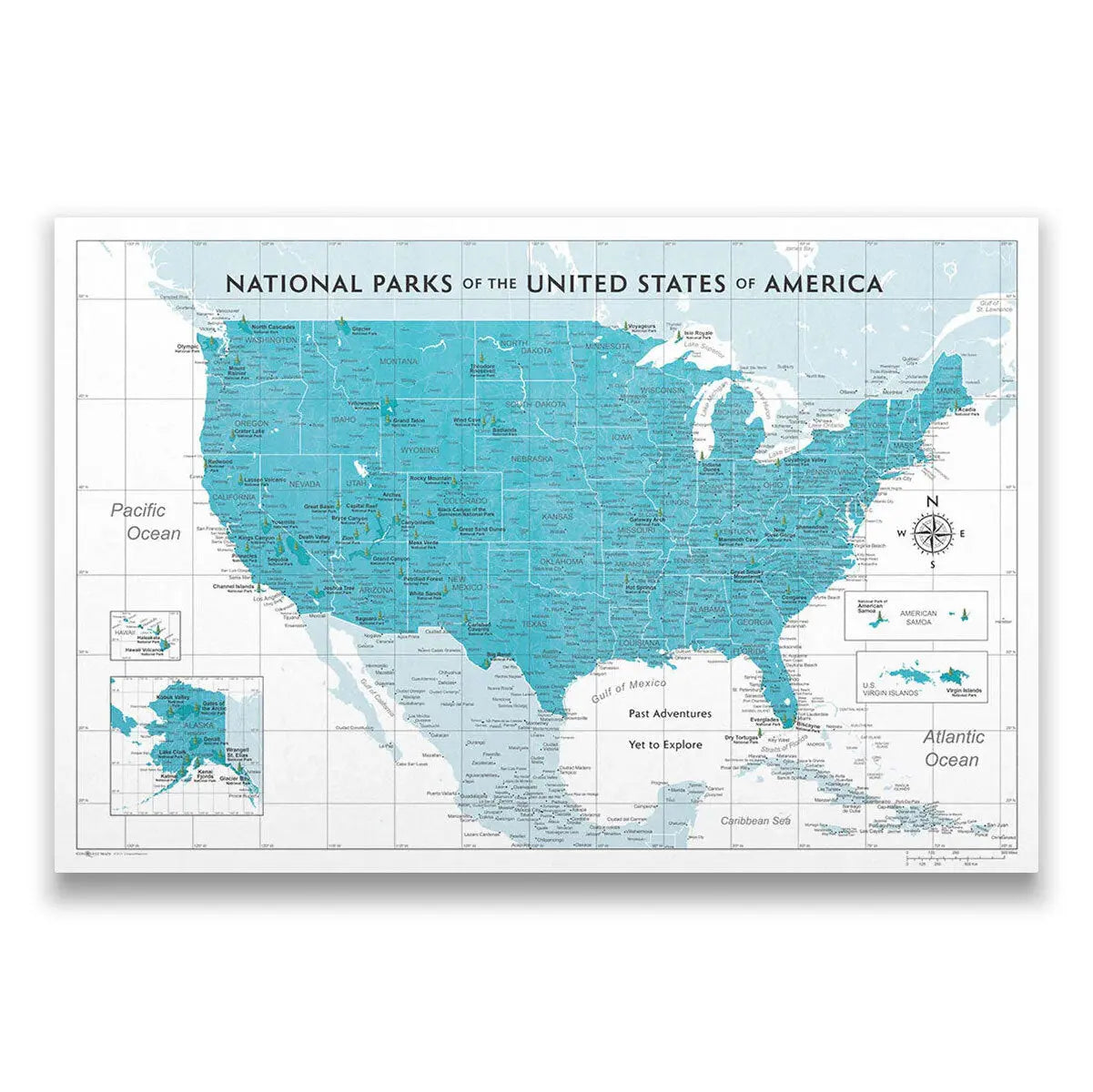 Push Pin National Parks Map - Teal Color Splash - Pins Included!