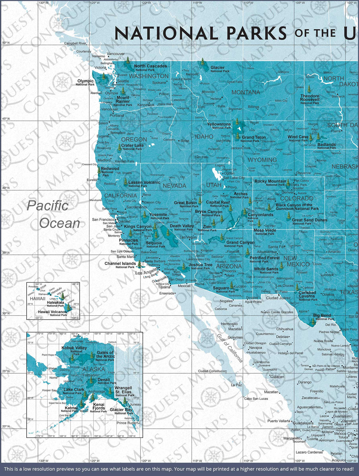 Push Pin National Parks Map - Teal Color Splash - Pins Included!