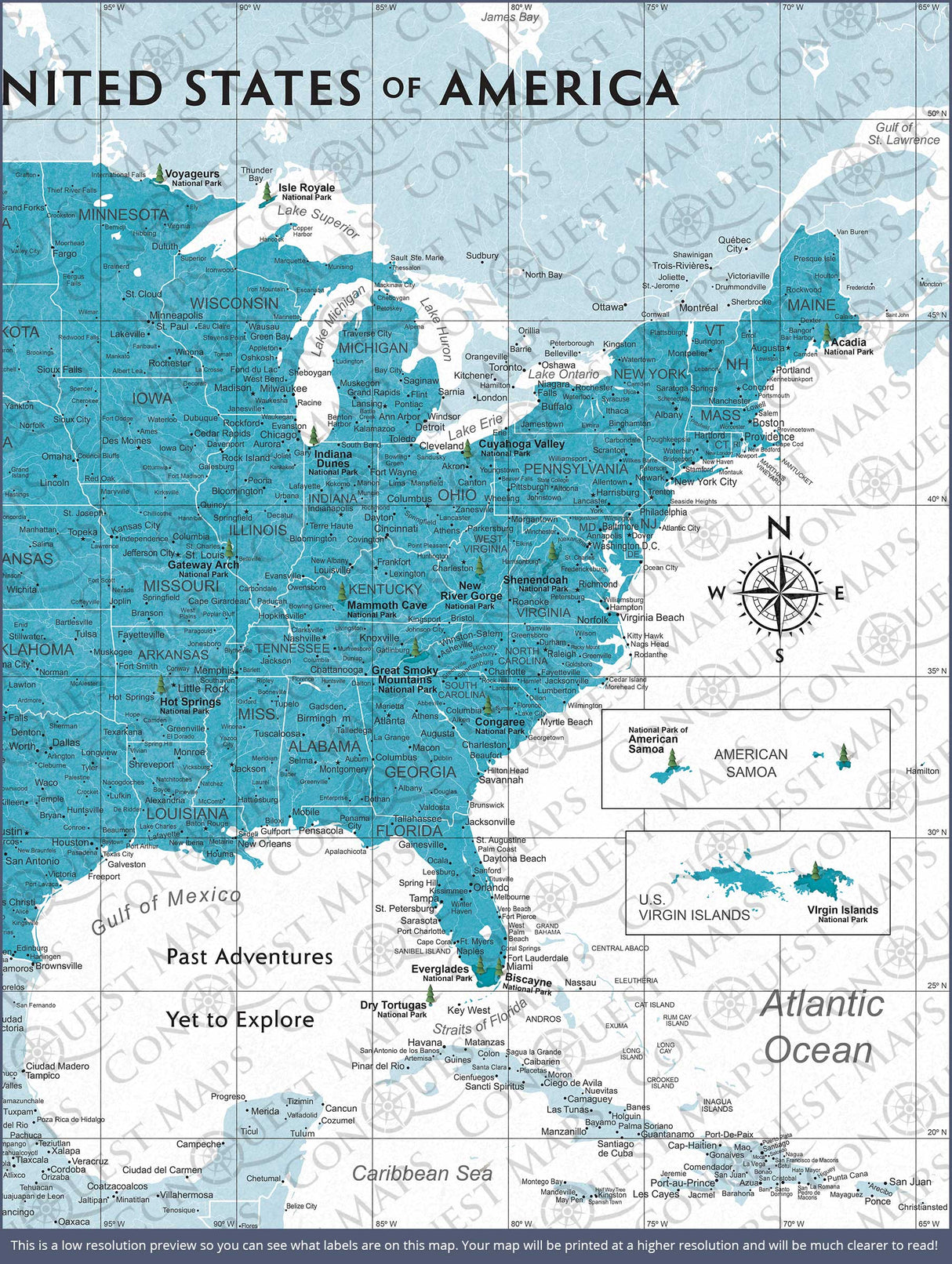 Push Pin National Parks Map - Teal Color Splash - Pins Included!