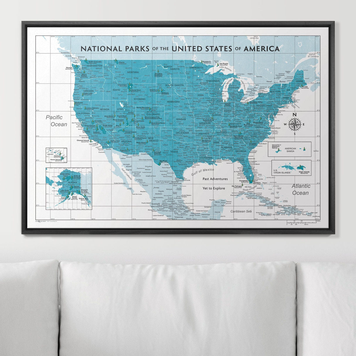 Push Pin National Parks Map - Teal Color Splash - Pins Included!