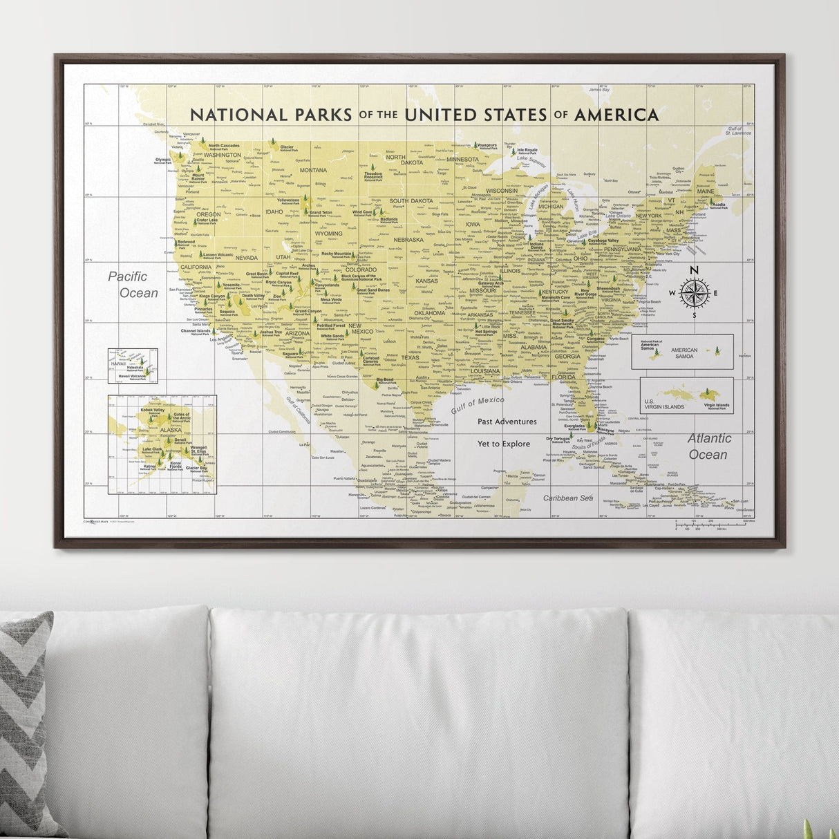 Push Pin National Parks Map - Yellow Color Splash - Pins Included!