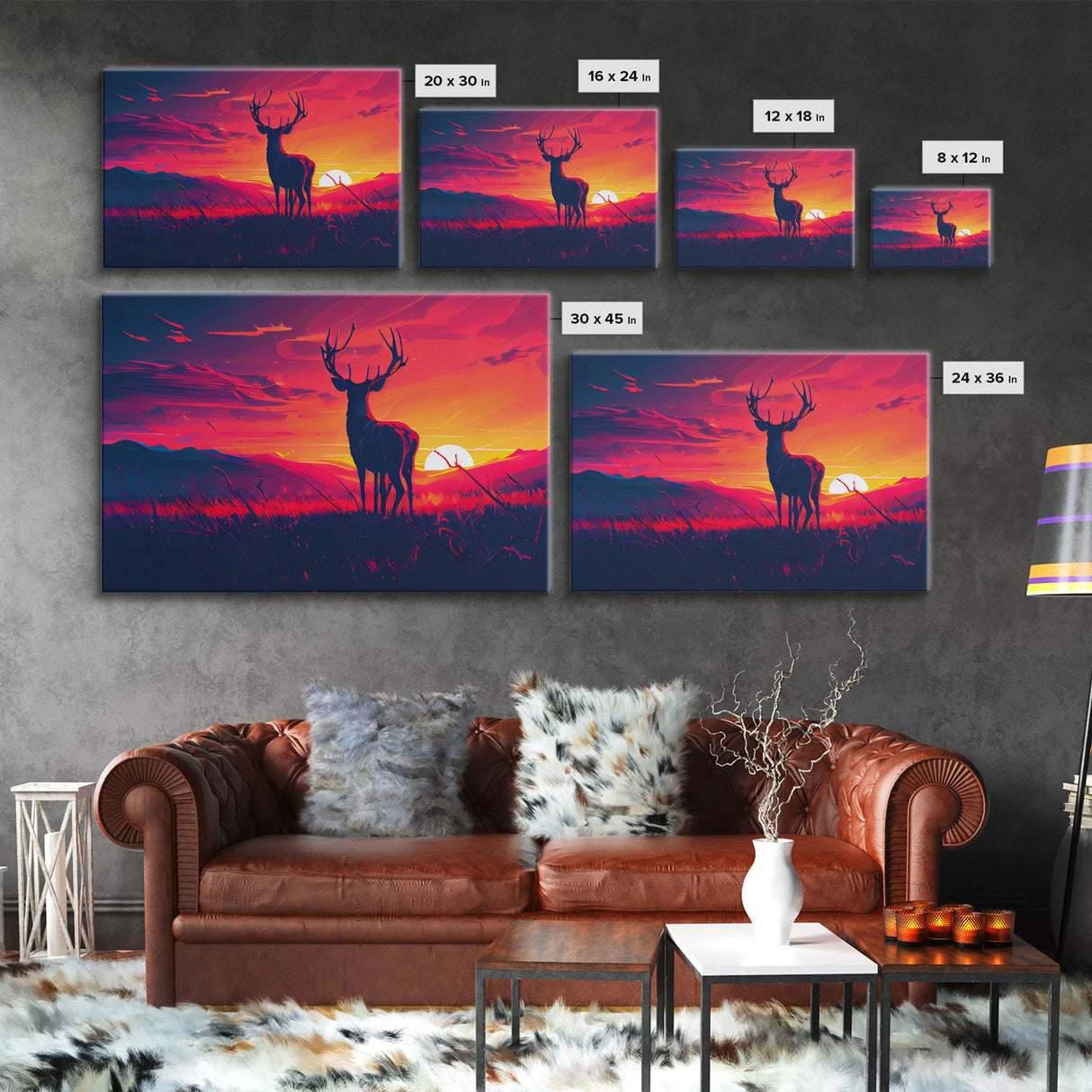 12 point buck, Sunset, framed canvas print, gift for a hunter