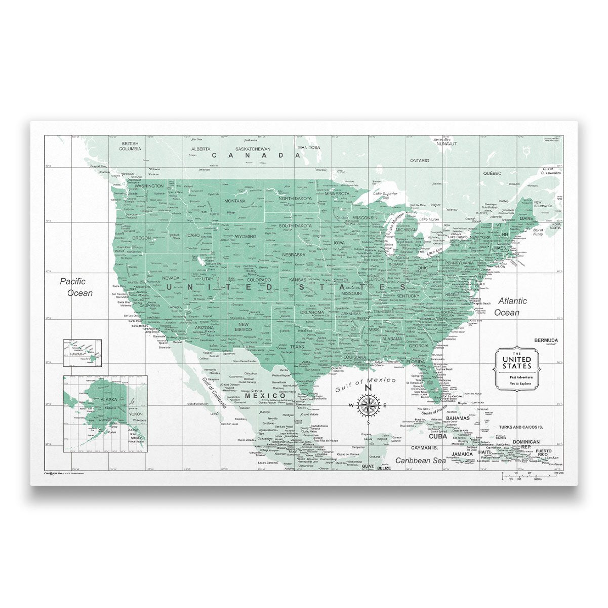 Push Pin USA Map Pin Board - Green Color Splash - Pins Included!