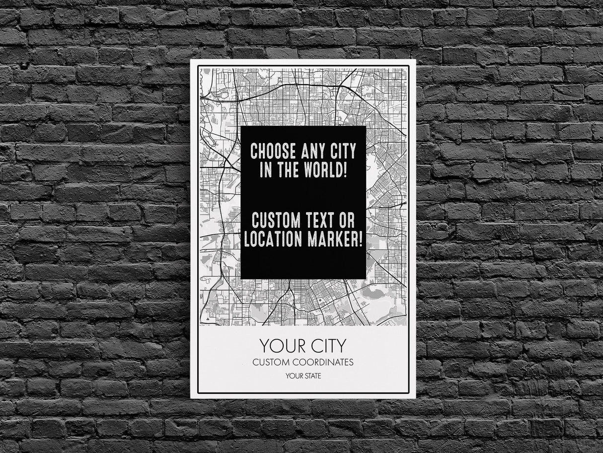 Choose Any City - Custom Map Art - Office Decor Travel Gift Custom Map City Canvas Print Home Town Streets Map Art Wall Poster Gift