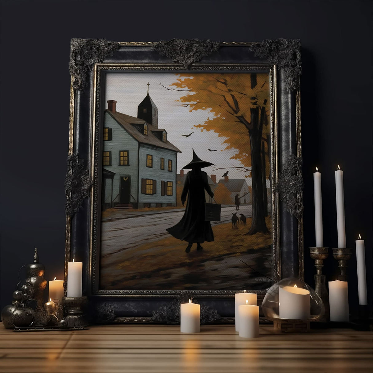 Salem Witch With Her Black Cats, Halloween Landscape Vintage Style Folk  Art, Horror Art, Haunted Church, Spooky Village Halloween Art